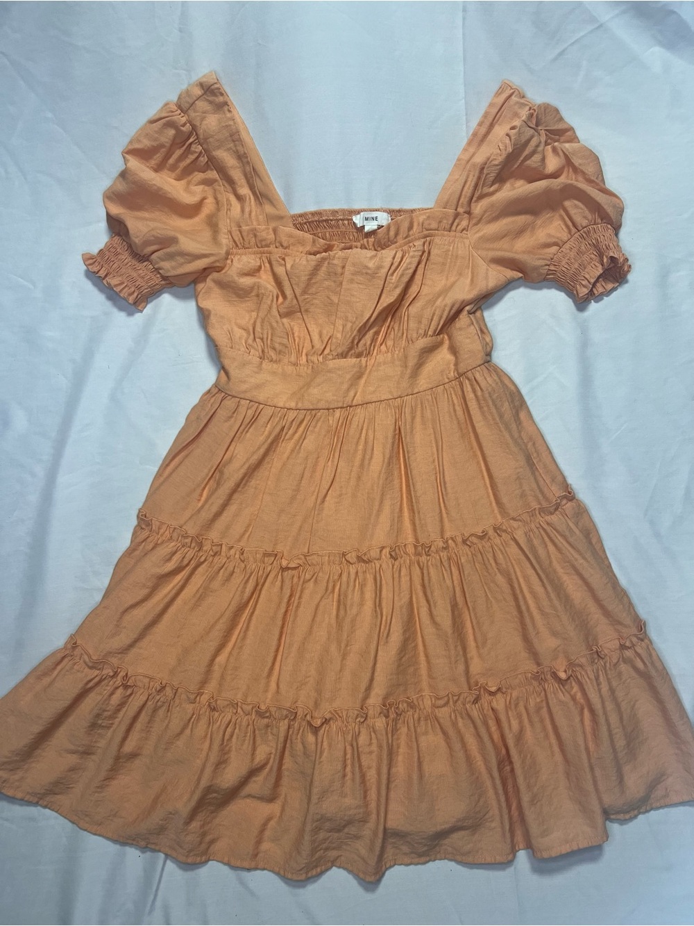 mine Peach Tiered Smocked Puff-Sleeve Dress